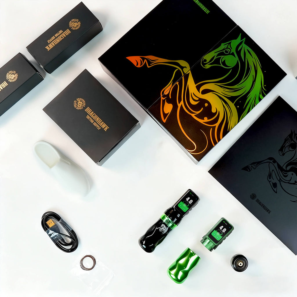 Dragonhawk Fold Pro Year of the Horse Edition Wireless Tattoo Machine Pen Kit – Professional Tattoo Kit Bundle