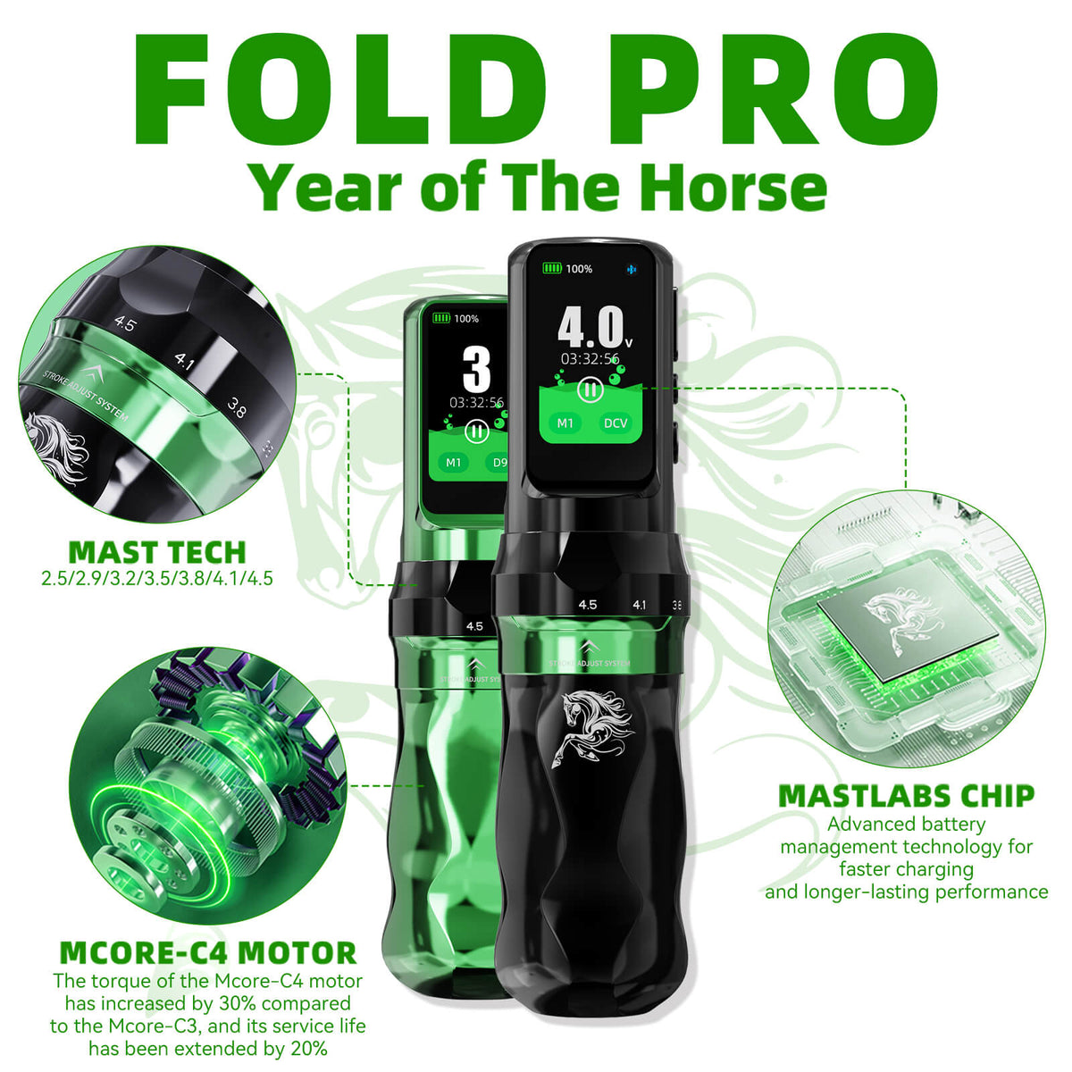 Dragonhawk Fold Pro Year of the Horse Edition Wireless Tattoo Machine Pen Kit – Professional Tattoo Kit Bundle