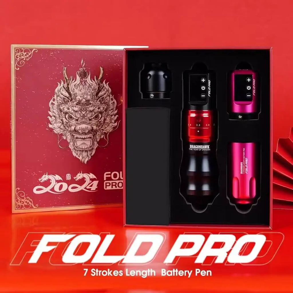 Dragonhawk Fold Pro Year of Dragon Edition Pink – Professional Wireless Rotary Tattoo Pen Machine Kit | 2 Batterie