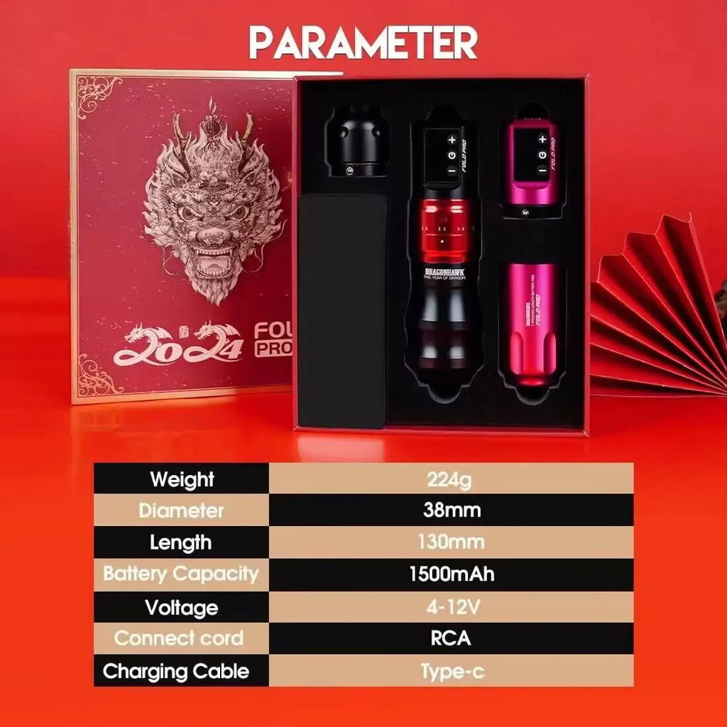 Dragonhawk Fold Pro Year of Dragon Edition Pink – Professional Wireless Rotary Tattoo Pen Machine Kit | 2 Batterie