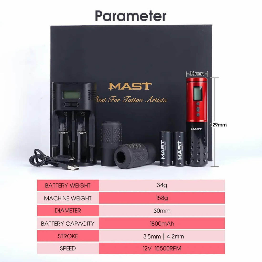Mast Lancer Wireless Rotary Tattoo Pen – 2 Batteries, Charger, Charging Cable & 2 Cases