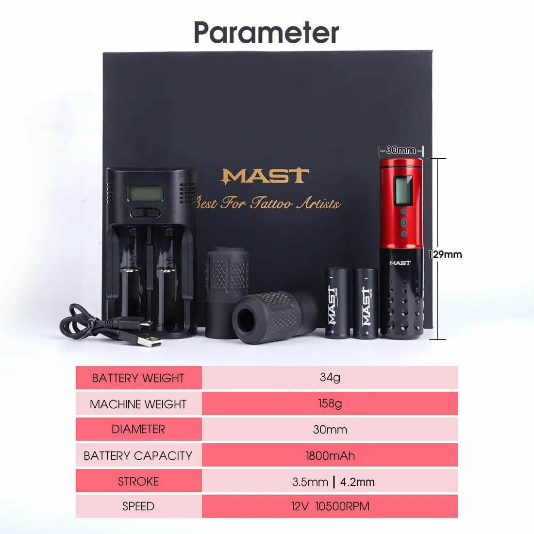 Mast Lancer Wireless Rotary Tattoo Pen – 2 Batteries, Charger, Charging Cable & 2 Cases