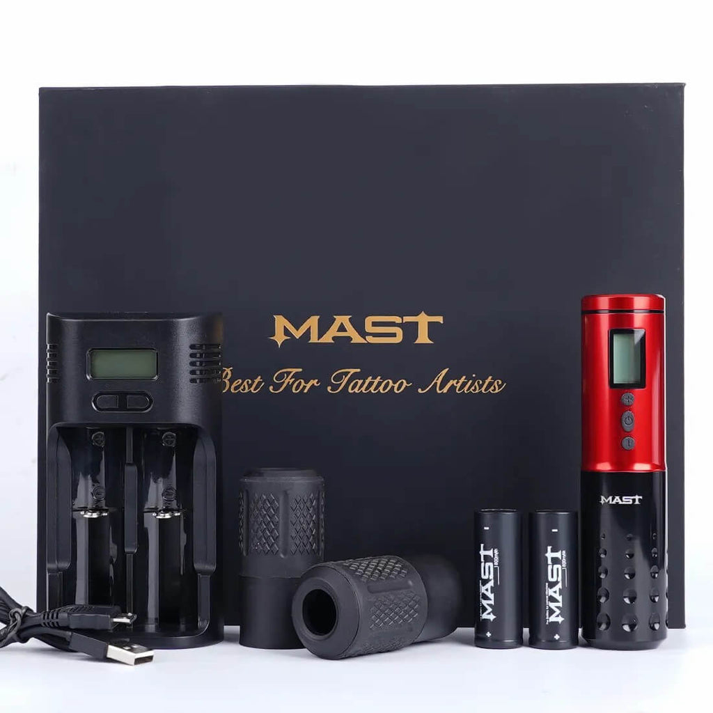 Mast Lancer Wireless Rotary Tattoo Pen – 2 Batteries, Charger, Charging Cable & 2 Cases