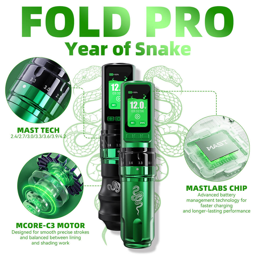 Dragonhawk Fold Pro Year of Snake Edition Wireless Tattoo Machine Pen – Professional Tattoo Kit